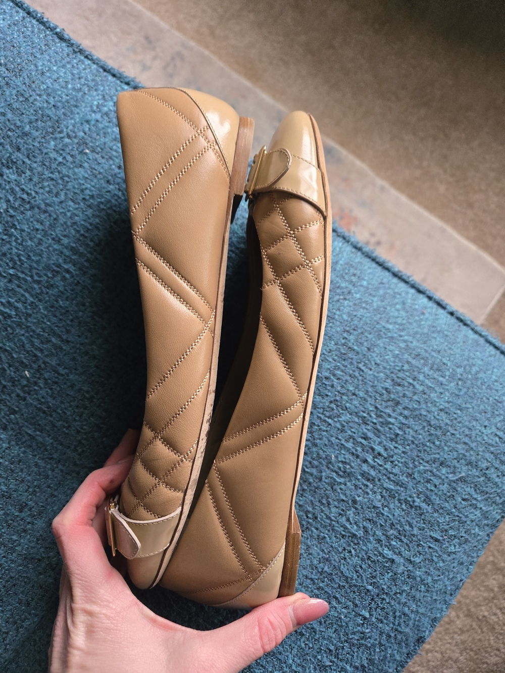 Burberry Quilted Tan Leather Ballet Flats with Buckle - Picture 3 of 4